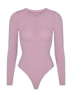 SKIMS Long Sleeve Henley Bodysuit in Light Pink